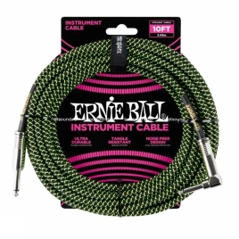 Кабель ERNIE BALL 6077 инструментальный 3,05м, прямой/угловой джеки, черный/зеленый